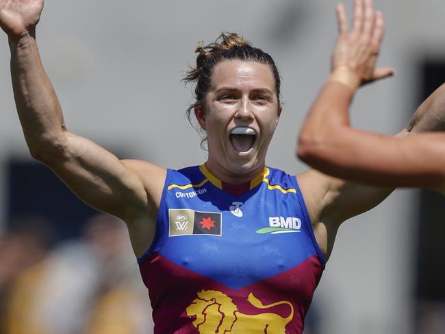 NCA. MELBOURNE, AUSTRALIA. 10th November 2024. AFLW finals week 1. Hawthorn vs Brisbane Lions at Ikon Park, Carlton.  Catherine Svarc of the Brisbane Lions  celebrates a 3rd quarter goal   .  Picture: Michael Klein