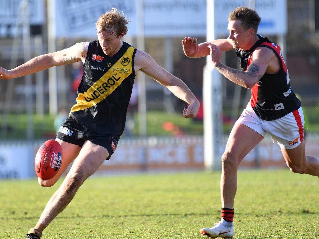 SANFL Football - Glenelg v West Adelaide photographed at Glenelg Oval, Adelaide on Sunday the 29th of July 2018.(G) Joshua Scott v (WA) Errin Wasley-Black(AAP/ Keryn Stevens)