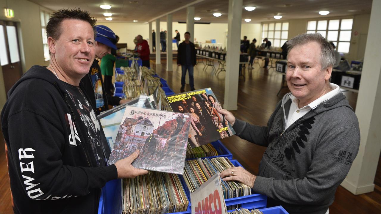 Shayne Donnelly (left) and Dave Willis at the Butter Beats Record Store record fair at St Thomas More's Primary School hall, Saturday, June 8, 2019.