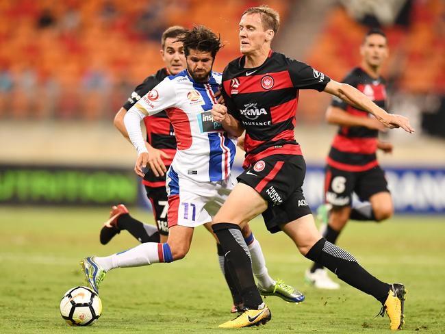 Michael Thwaite (right) in action for Western Sydney in February. Picture: AAP Image/Dean Lewins