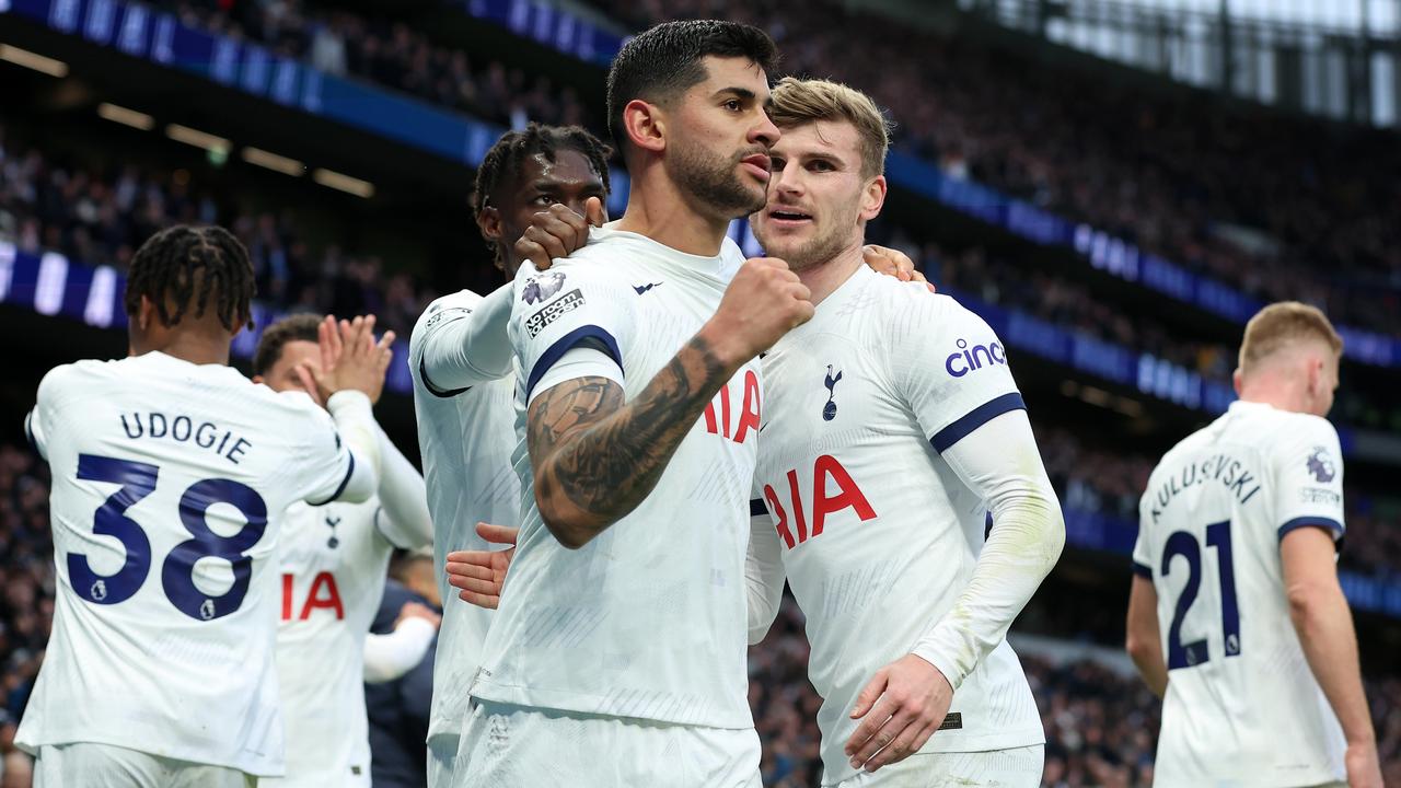 LONDON, ENGLAND – MARCH 02: Cristian Romero of Tottenham Hotspur celebrates with team mates after scoring his team's second goal during the Premier League match between Tottenham Hotspur and Crystal Palace at the Tottenham Hotspur Stadium on March 02, 2024 in London, England. (Photo by Richard Pelham/Getty Images)