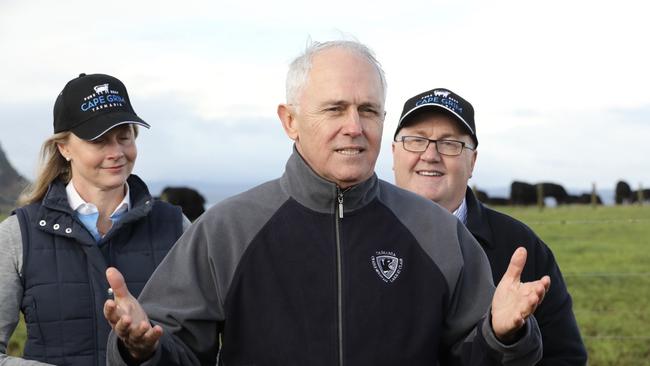 Australian Prime Minister Malcolm Turnbull addresses the media with Tasmanian Minister for Agriculture Sarah Courtney (left) and Liberal party candidate for Braddon Brett Whiteley, at Western Plains Farm, in Stanley, Tasmania, on Friday, July 20, 2018. (AAP Image/Grant Wells) NO ARCHIVING