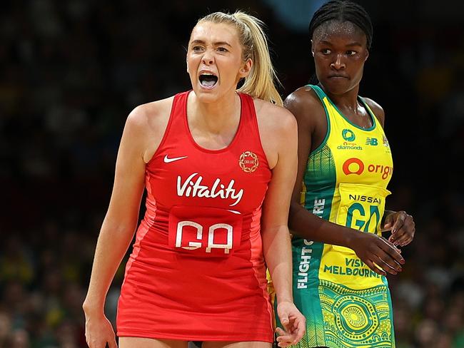 SYDNEY, AUSTRALIA - SEPTEMBER 22: Helen Housby of the Roses shouts towards team mates during game two of the international series between Australia Diamonds and England Roses at Qudos Bank Arena on September 22, 2024 in Sydney, Australia. (Photo by Mark Metcalfe/Getty Images)