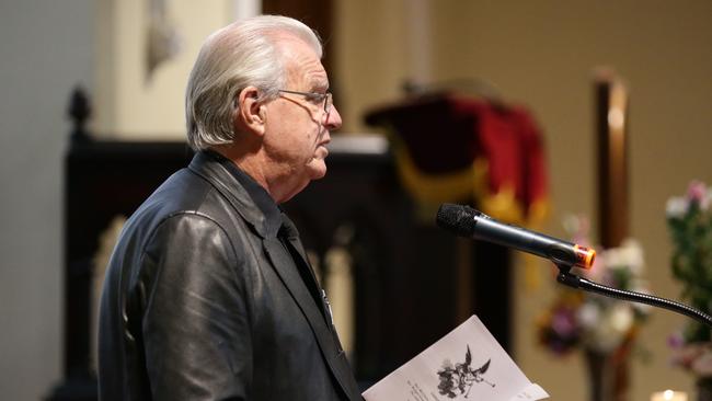 Rev. Bill Crews speaks at the funeral service for Frank Lawlor at Ashfield Uniting Church.