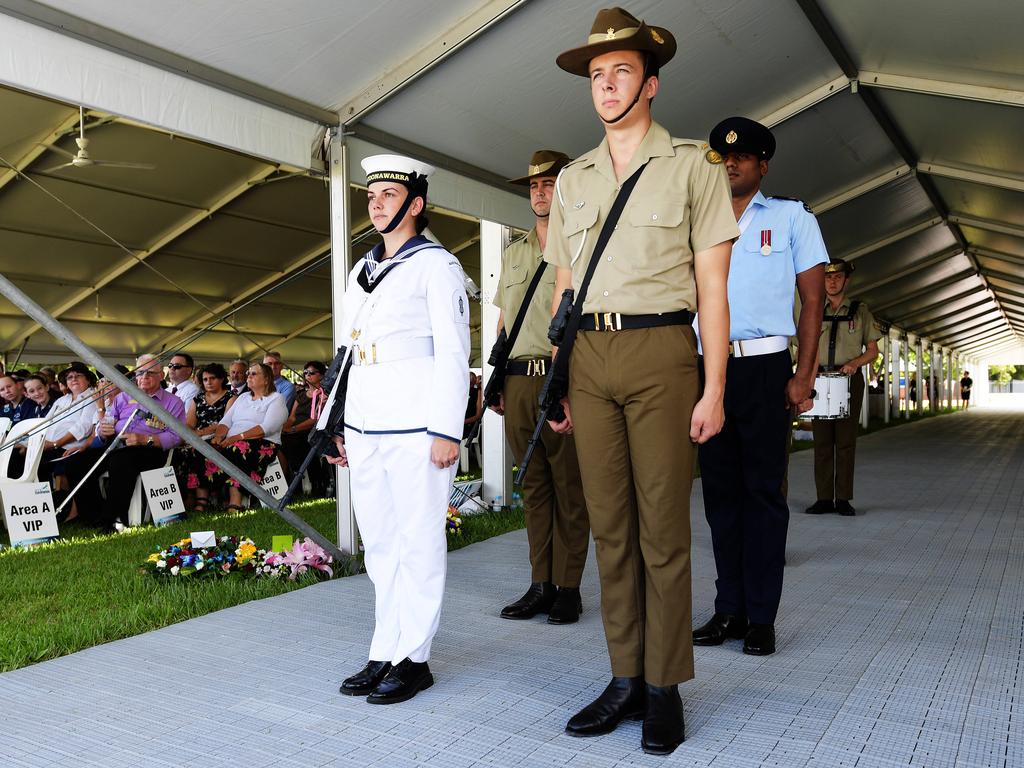 ADF personnel stand to attention during the 77th Anniversary of the Bombing of Darwin on Tuesday, February 19, 2019. Picture: KERI MEGELUS