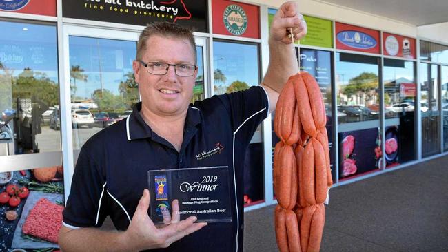 REJOICE: Owner, Andrew Gleeson, of Bli Bli Butchery took out the 2019 Queensland Regional Sausage King Competition Award of first prize. Picture: Patrick Woods