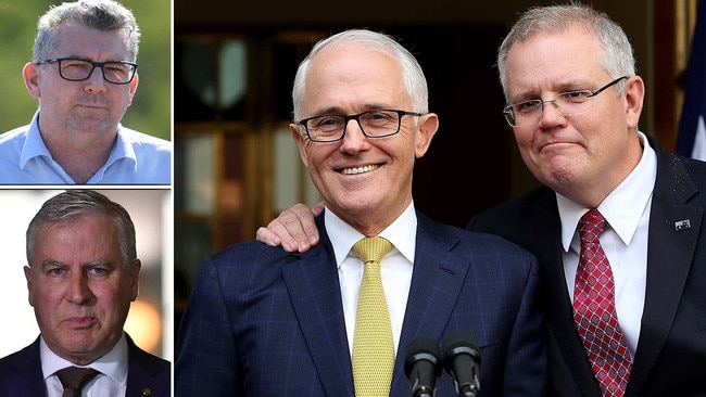 Nationals MP Keith Pitt, top left, has offered his support to party leader Michael McCormack, bottom left; Then PM Malcolm Turnbull and Scott Morrison.