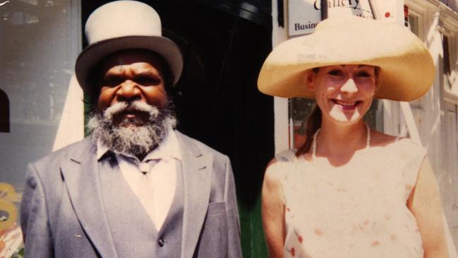 Australian artist Clifford Possum and London gallery owner, ex-pat Aussie Rebecca Hossack, on the way to Buckingham Palace. Picture: Rebecca Hossack