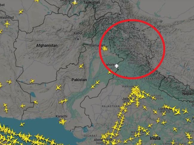 Flights avoiding airspace over Kashmir. Picture: Flightradar24