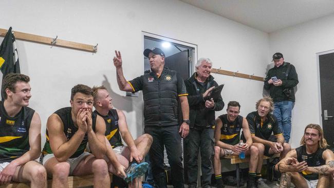 MPFNL Div 1 football : Frankston Bombers v Dromana. Dromana coach.  Dromana players celebrate their win. Picture: Valeriu Campan