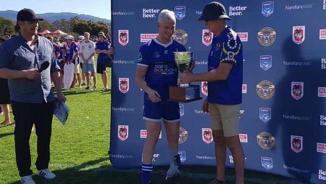 Gerringong Lions Reserve Grade Skipper Daniel Brown with the Walter Elliott Memorial Cup. Picture: Steve Montgomery Sports Photography