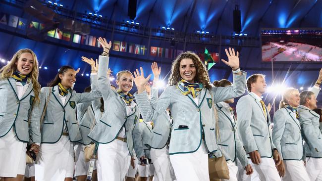 Jessica Fox (centre) and other members of the Australia team take part in the Opening Ceremony of the Rio 2016 Olympic Games. Picture: Cameron Spencer/Getty Images