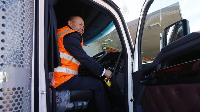 Treasurer Josh Frydenberg sits inside a truck at the Kenworth truck factory in Bayswater, Melbourne. Picture: NCA NewsWire / Daniel Pockett