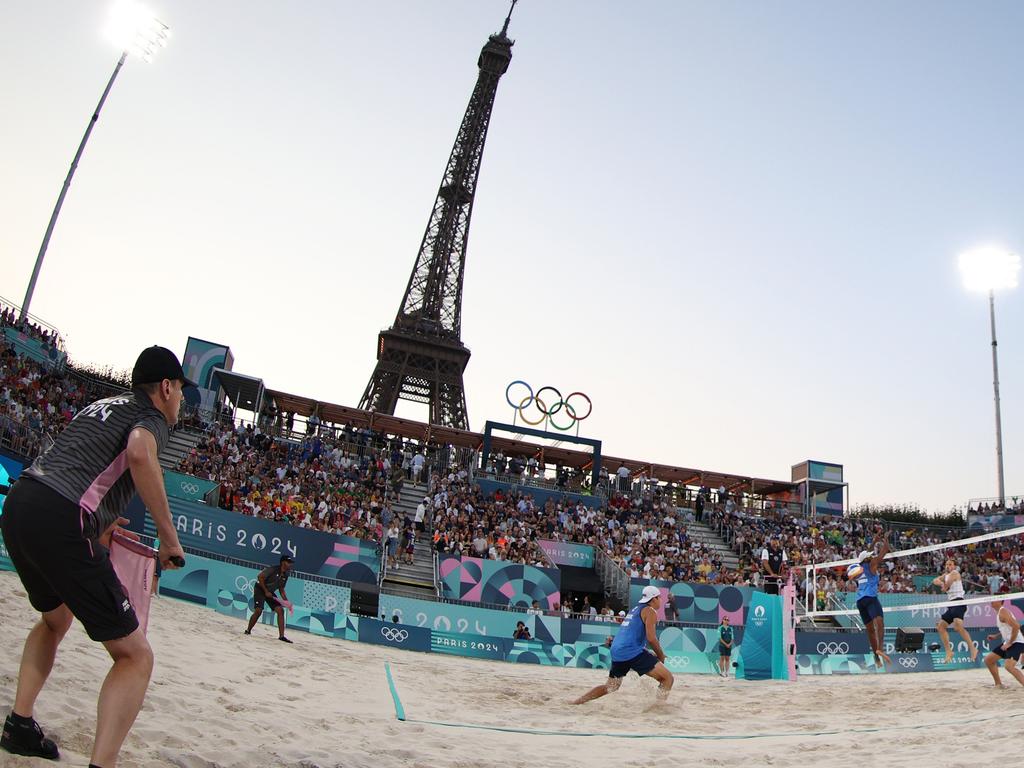 The spectacular outlook for beach volleyball at Eiffel Tower Stadium. Picture: Elsa/Getty Images