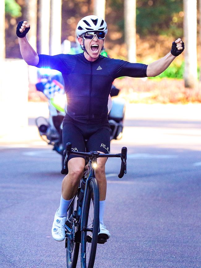 First across the line in the main race is Pete Arnott in the Annual Gran Fondo finishing at Darwin Waterfront. Picture: Glenn Campbell