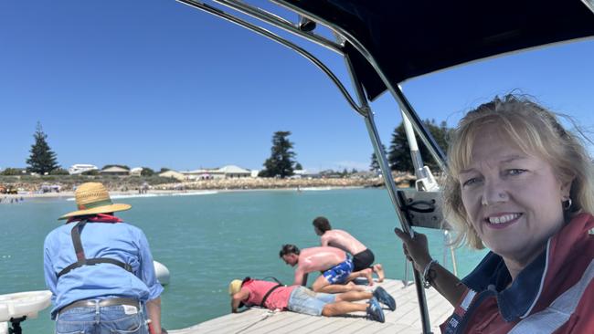 Robe council chief executive Nat Traeger in front of the town's swimming pontoon, which returned to Front Beach on Tuesday. Picture: Supplied