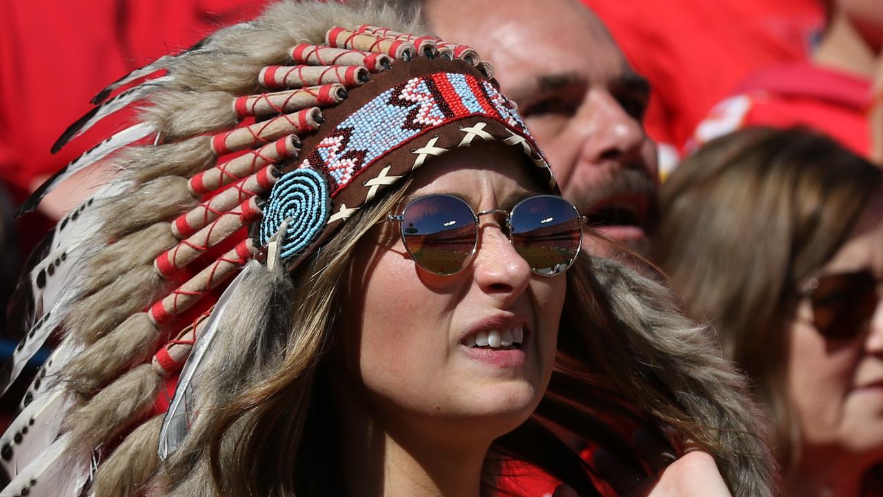 Kansas City Chiefs fans wear headdresses during the first half against the  Raiders in Kansas Ci …