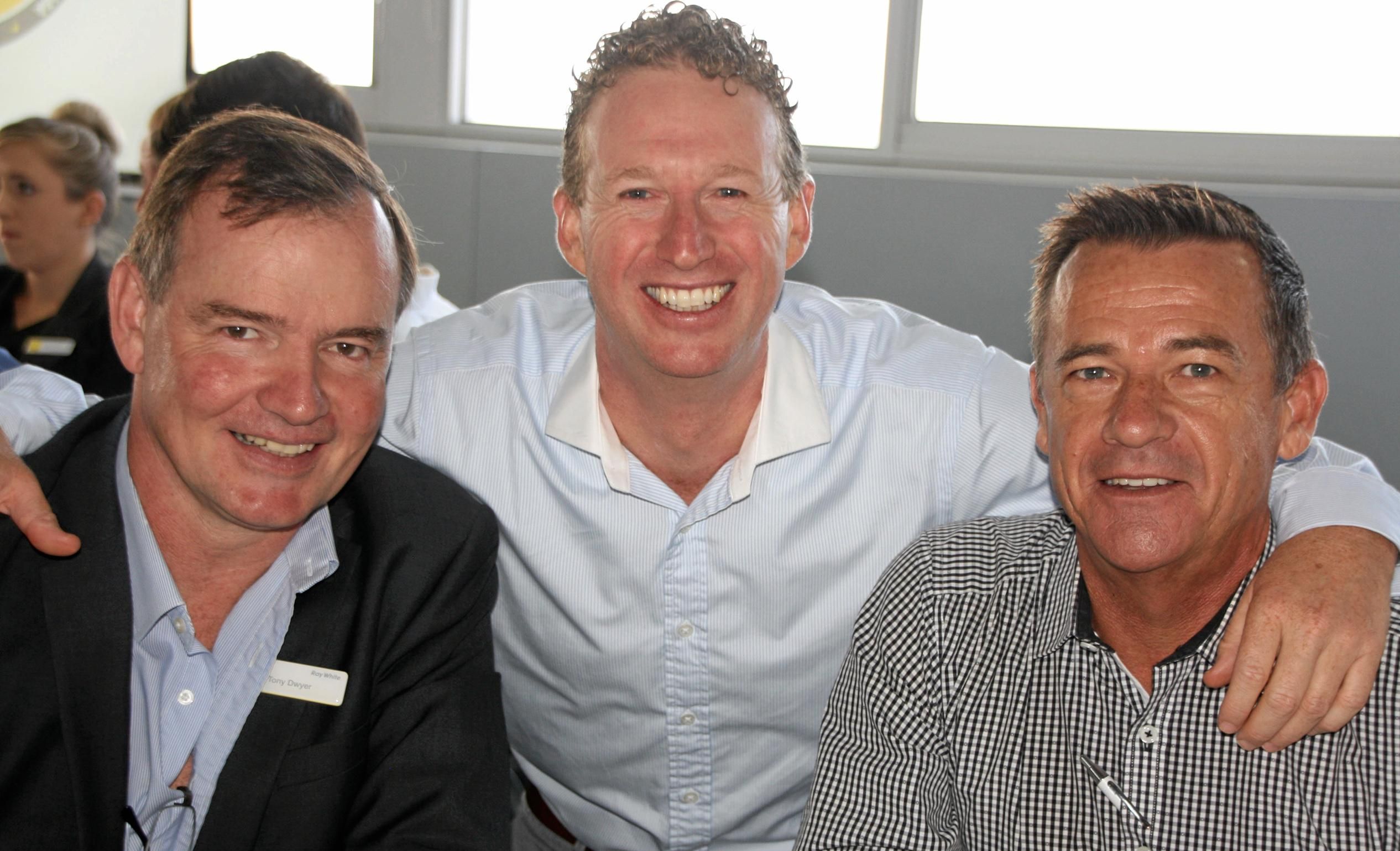 ?Tony Dwyer, Nathan Nicholl and Shane Howell at the Ray White breakfast at Maroochy Surf Club. Picture: Erle Levey