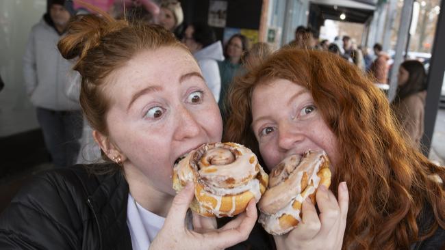 Amelia and Matilda Greenslade first in line at the ScRoll Queen Adelaide Pop Up. Picture: Brett Hartwig