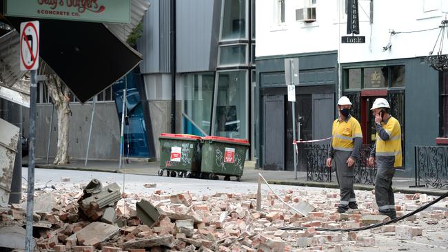 A damaged building on Chapel Street in Prahran, inner Melbourne, after the earthquake hit the city this morning. Picture: NCA NewsWire/Andrew Henshaw