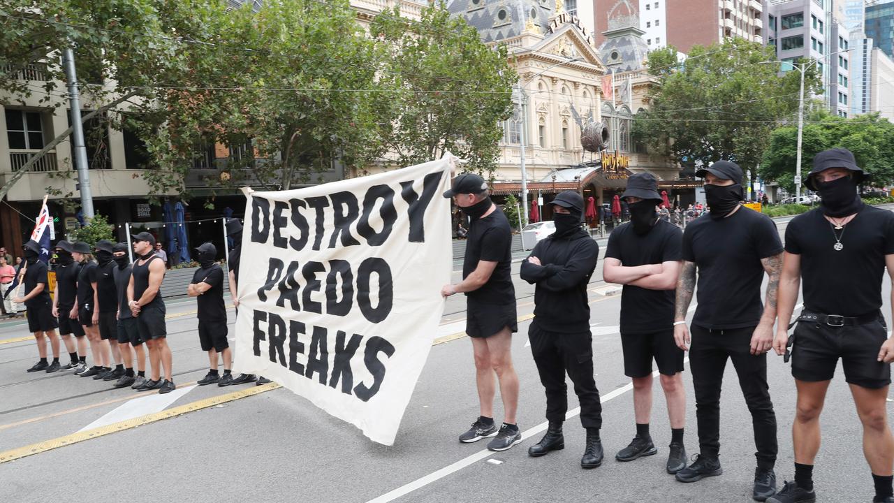 About 30 members of the far-right National Socialist Movement made their way down Spring St in support of Ms Keen-Minshull. Picture: NCA NewsWire / David Crosling