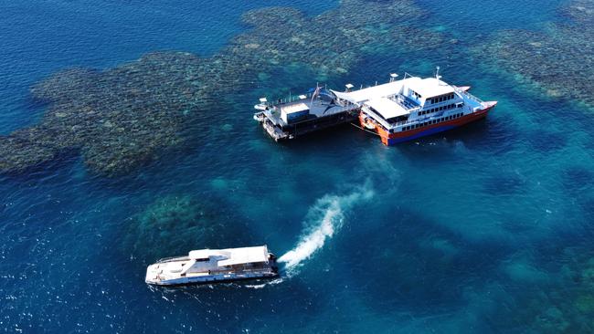 Sunlover's pontoon and semi submersible on Moore Reef. PICTURE: BRENDAN RADKE