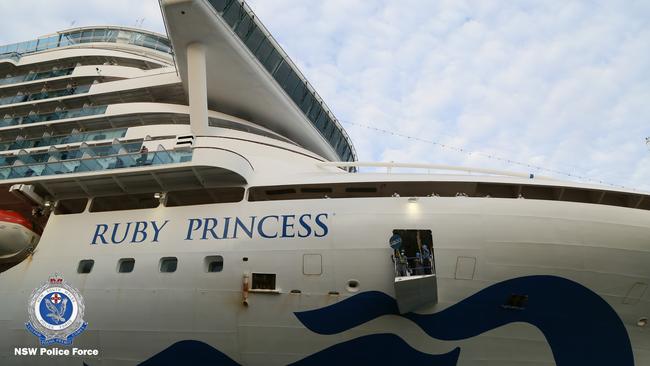 A supplied image obtained on Thursday, April 23, 2020, shows the departure of the Ruby Princess cruise ship from Port Kembla in Wollongong, NSW. (AAP Image/Supplied by NSW Police)