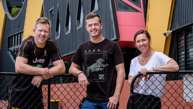 Richmond star Jack Riewoldt with Supercars champion Scott McLaughlin and mindfulness consultant Emma Murray. Picture: Jaime Murcia