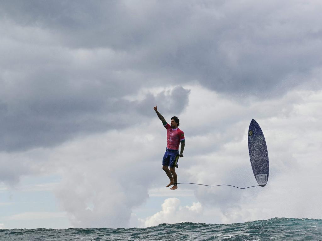 What shot: Brazil’s Gabriel Medina reacts after catching a large wave in the 5th heat of the men’s surfing round 3, during the Paris 2024 Olympic Games, in Teahupo’o, on the French Polynesian Island of Tahiti. Picture: AFP