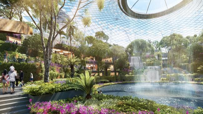 The gardens and waterfall at the complex at Changi Airport in Singapore. Picture: Supplied