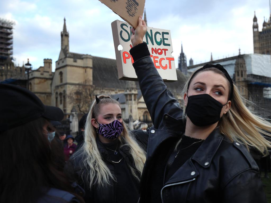 Protesters march against the Police, Crime, Sentencing and Courts Bill and the actions of the police at Saturday night's vigil on Monday outside the UK Parliament. Picture: Dan Kitwood/Getty Images