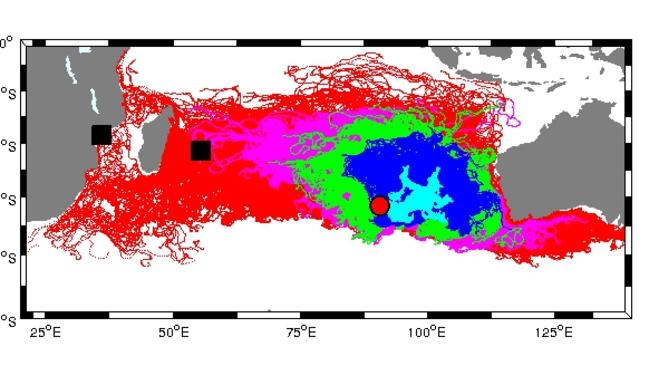 Drift modelling by the University of WA shows the likely final resting place of MH370 to be slightly north of the current search zone. Picture: Professor Charitha Pattiaratchi, UWA