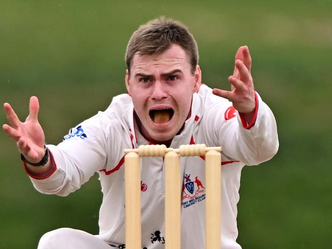 Port MelbourneÃs Ryan McDonald appeals during the VSDCA Port Melbourne v Brighton cricket match in Port Melbourne, Saturday, Oct. 21, 2023. Picture: Andy Brownbill