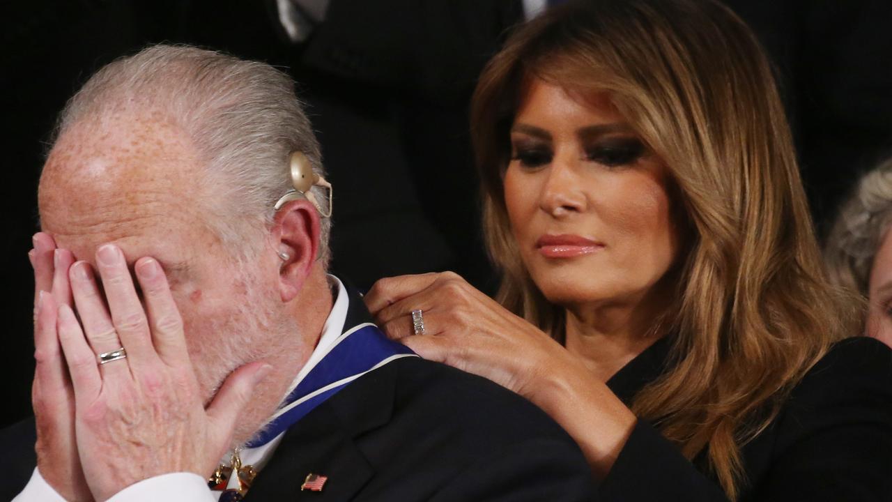 Radio personality Rush Limbaugh reacts as First Lady Melania Trump gives him the Presidential Medal of Freedom during the State of the Union address. Picture: Mario Tama/Getty Images/AFP