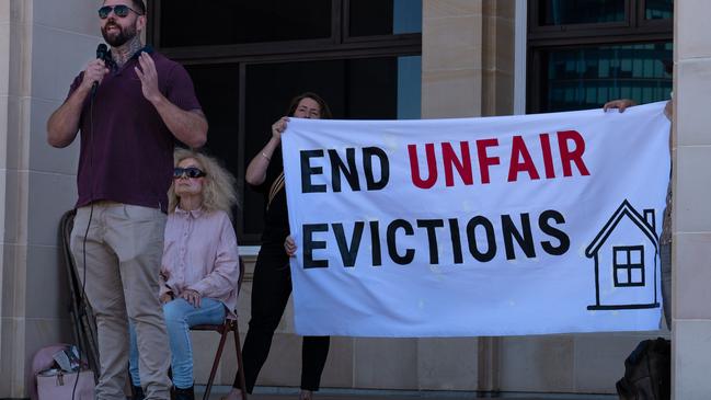 Protestors rally outside the Supreme Court challenge to WA public housing ‘no reason’ evictions policies court case in April, 2024, at the WA Supreme Court, David Malcolm Justice Centre, Perth. Picture: Supplied