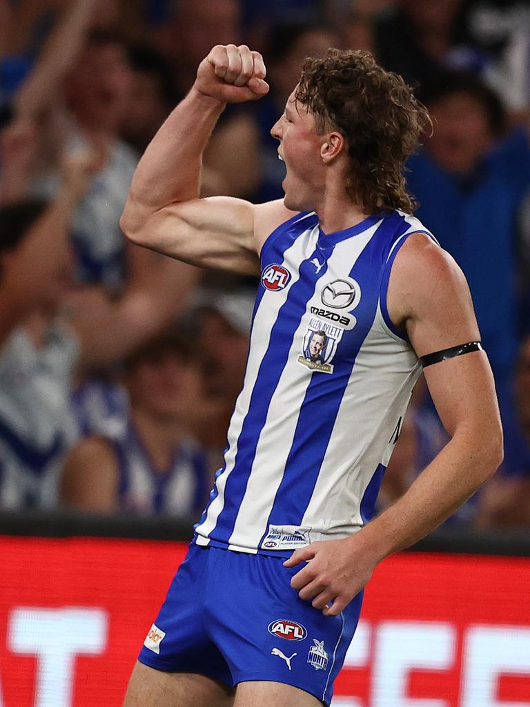 Nick Larkey celebrates a third quarter goal. Picture: Michael Klein