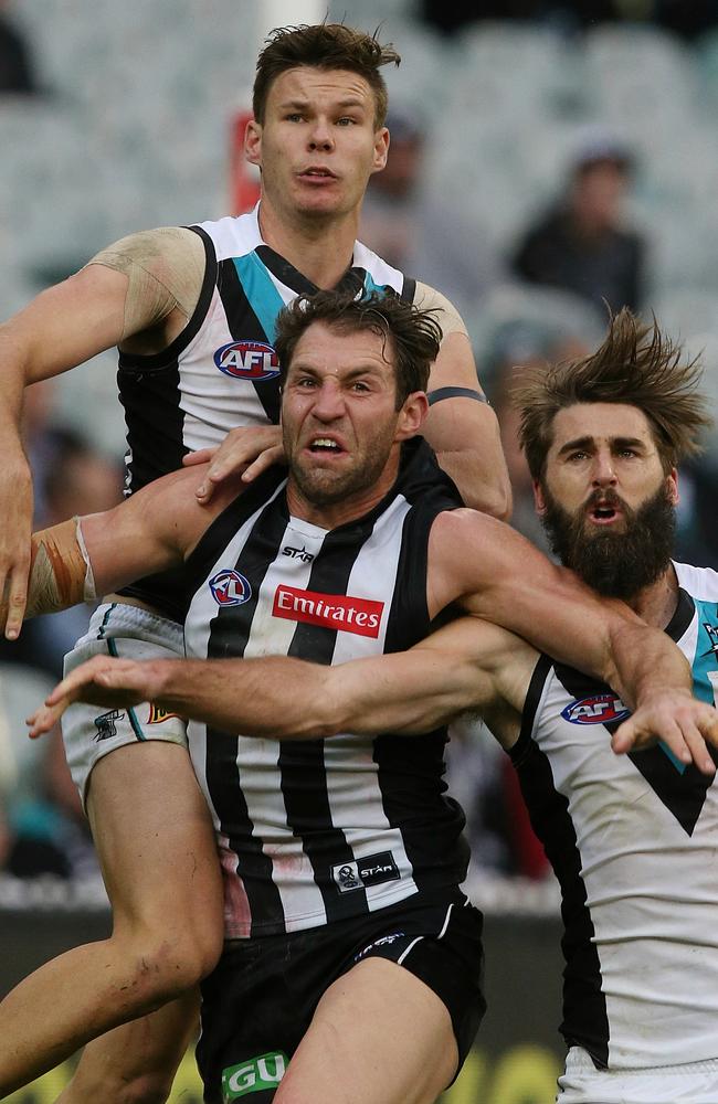 Magpie Travis Cloke was double-teamed for much of the game. Picture: Wayne Ludbey