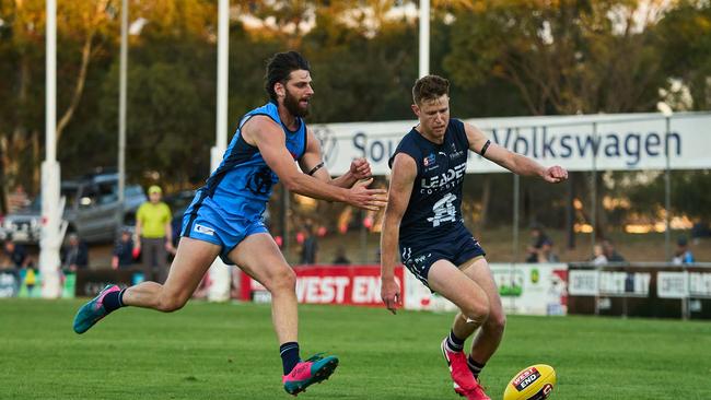 Former South Adelaide forward Ben Haren (right) booted 10 goals for Lockleys against Blackfriars OS. Picture: Matt Loxton