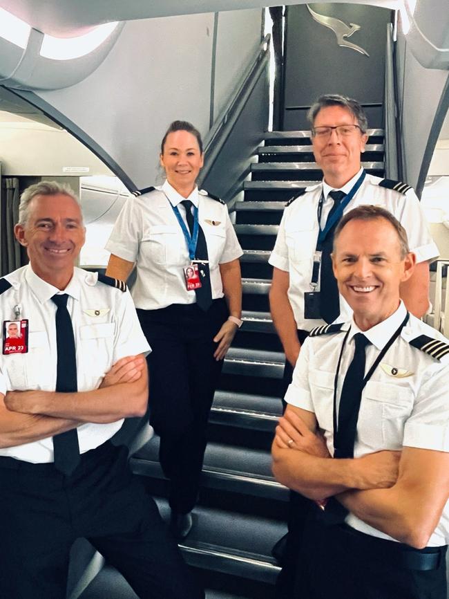 From L-R, First Officer Barry Doe, Second Officer Fiona Diamond, First Officer David Thiess and Captain Paul Grant who crewed the first Qantas A380 to operate into Australia in 593-days.