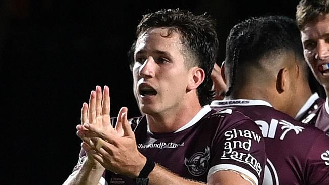 The Sea Eagles celebrate a try against the Roosters in the Pre-Season Challenge. NRL Imagery