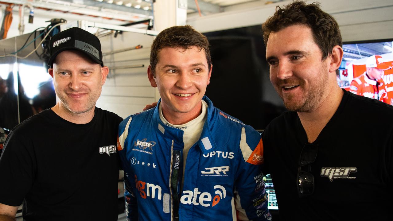 Todd Hazelwood (centre) celebrates his appearance in the Top 10 Shootout with his engineer Wes McDougall (left) and team owner Matt Stone (right). Picture: Daniel Kalisz/Getty Images