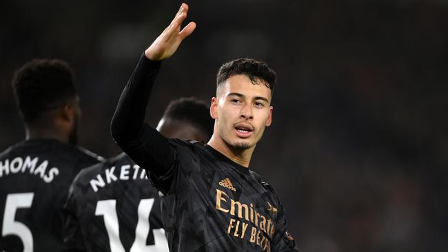 BRIGHTON, ENGLAND - DECEMBER 31: Gabriel Martinelli of Arsenal celebrates after scoring the team's fourth goal during the Premier League match between Brighton & Hove Albion and Arsenal FC at American Express Community Stadium on December 31, 2022 in Brighton, England. (Photo by Mike Hewitt/Getty Images)