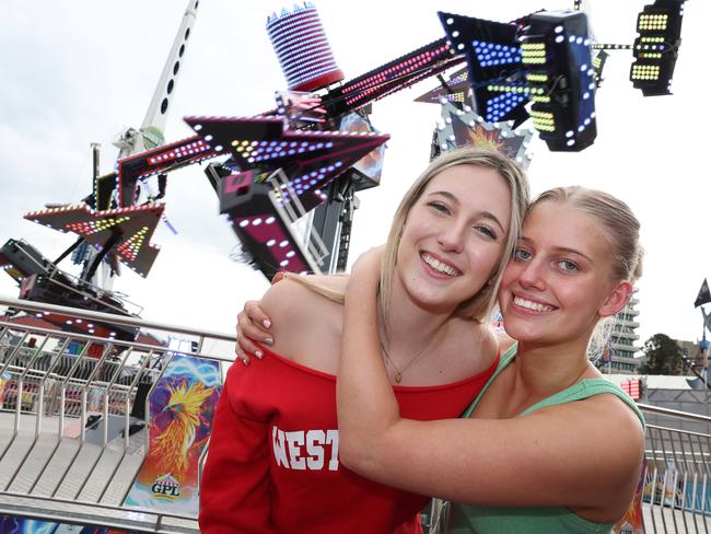 Liv Gregson, 19 of Albion, and Matisse Weeks, 17 of Yeronga, riding the Phoenix at the Ekka. Picture: Liam Kidston