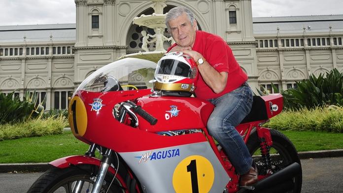 MOTORCYCLE racing legend Giacomo Agostini on a MV Agusta race replica. Pic Supplied.