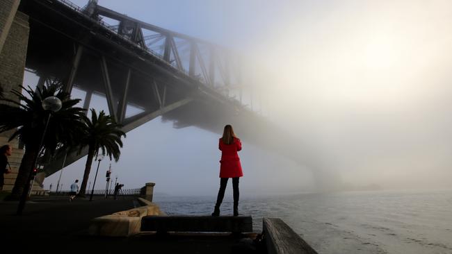 Tina Walsberger surveys Sydney harbour bridge and the heavy fog. Picture: Ross Schultz