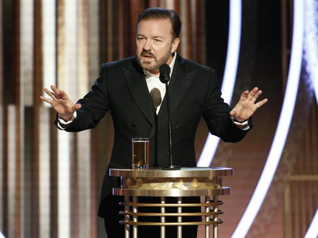 The Office star and creator targeted Hollywood’s most powerful in his final-ever opening monologue as host of the Golden Globes. Picture: Getty Images