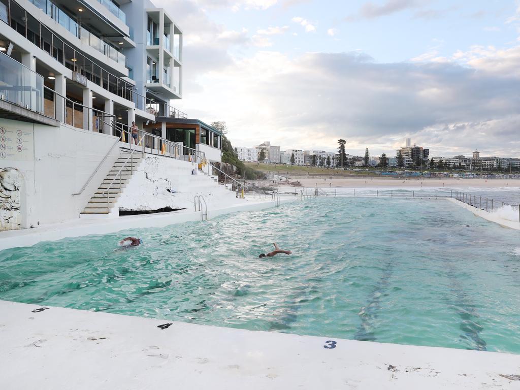 Pictured is a nearly empty Bondi Icebergs pool in Sydney. There is currently a limit of swimmers for 45 minute slots due to COVID-19 restrictions. Picture: Richard Dobson