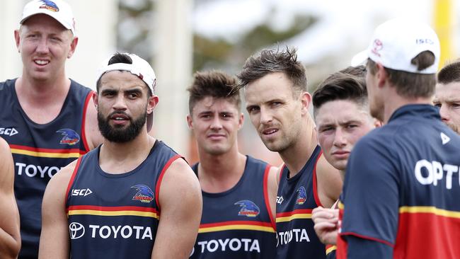 Brodie Smith (fourth from left) is ready to take on a leadership role with the Crows under new coach Matthew Nicks. Picture: Sarah Reed