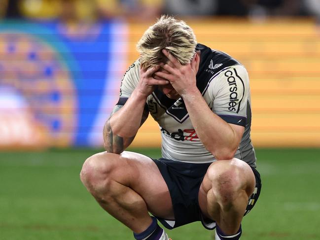 SYDNEY, AUSTRALIA - SEPTEMBER 01:  Cameron Munster of the Storm reacts at full-time after the round 25 NRL match between the Parramatta Eels and the Melbourne Storm at CommBank Stadium on September 01, 2022, in Sydney, Australia. (Photo by Cameron Spencer/Getty Images)