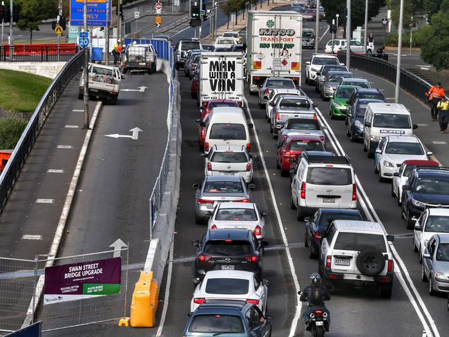 The Swan Street Bridge upgrade is under way. Picture: George Salpigtidis.